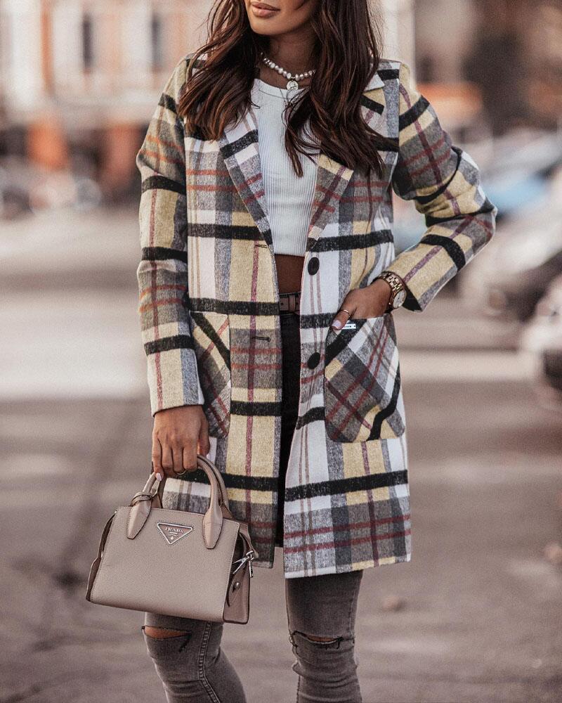 

Plaid Print Lapel Collar Long Sleeve Coat, Coffee