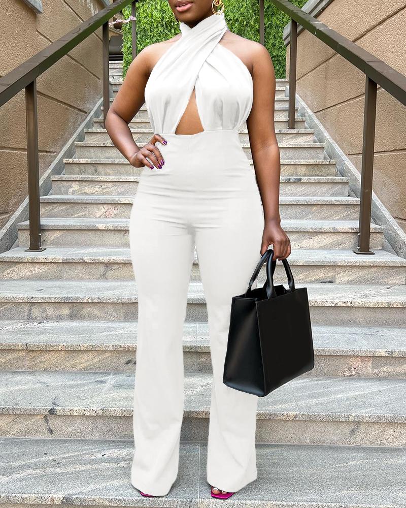 

Cross Halter Cutout Straight Leg Jumpsuit, White