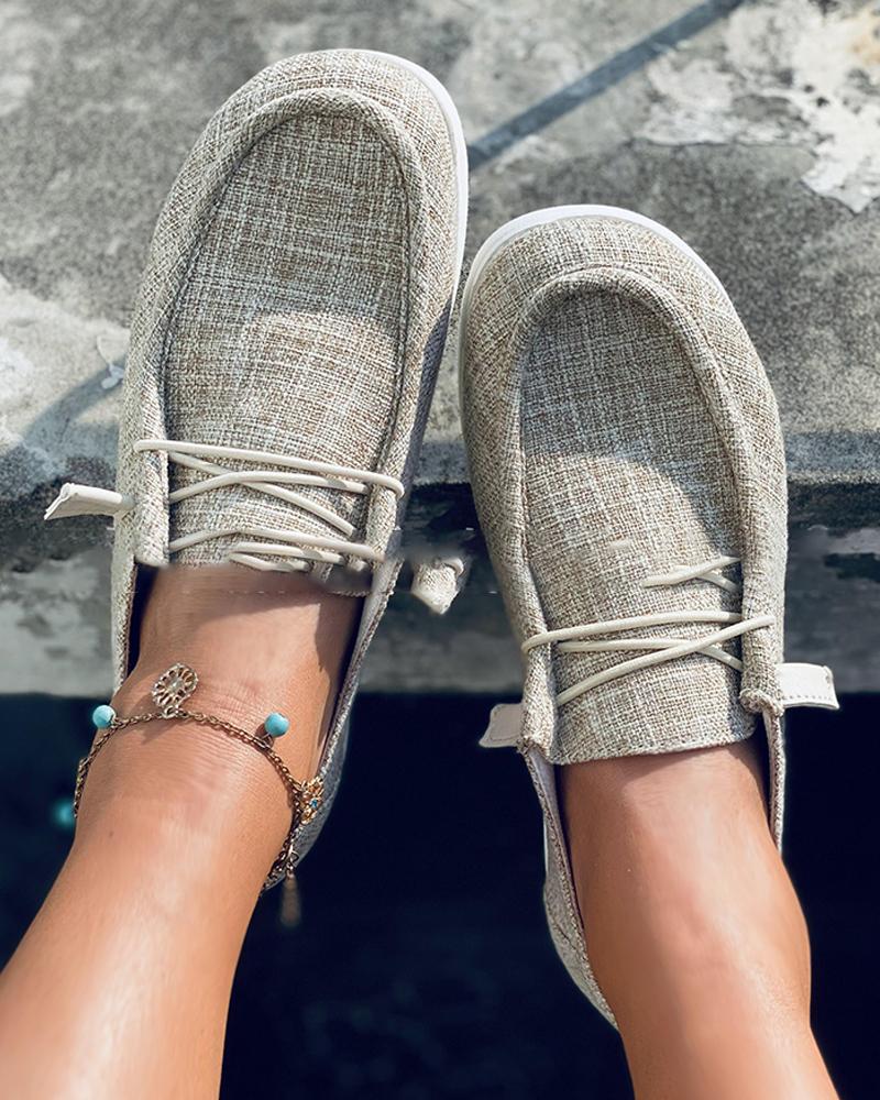 

Round-toe Plaid Lace-up PU Leather Slip-on, Khaki