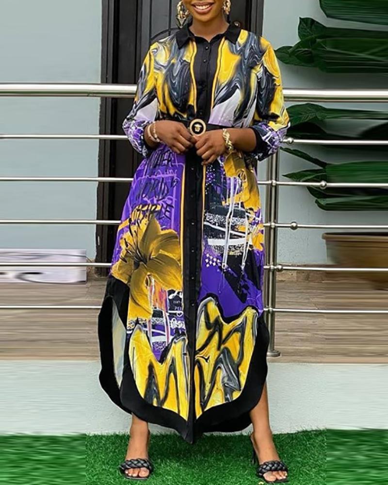

All Over Print Colorblock Buttoned Slit Dress, Purple