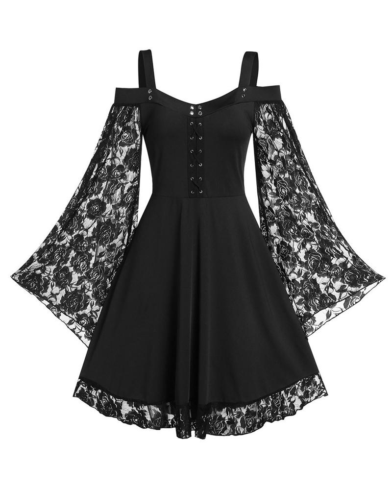 

Halloween Party Cosplay Women Costume Contrast Lace Bell Sleeve Cold Shoulder Medieval Vintage Dress, Black