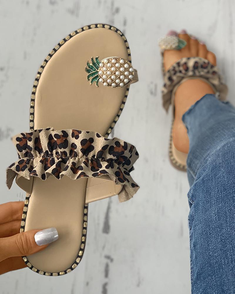 

Pineapple Pattern Toe Ring Frill Hem Casual Sandals, Leopard