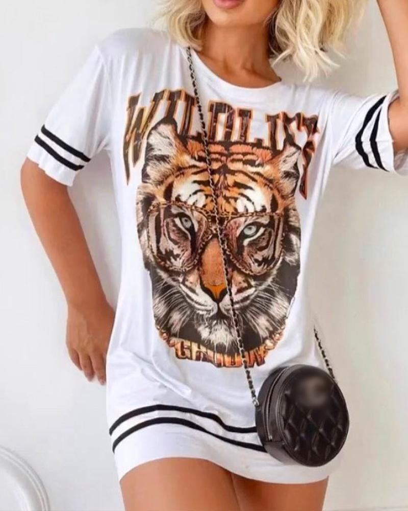 

Tiger Letter Print Short Sleeve T-shirt Dress, White
