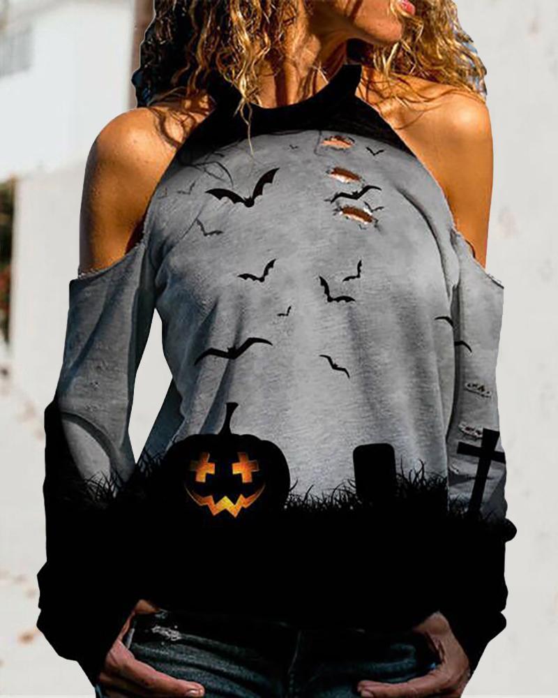 

Halloween Graphic Print Cold Shoulder Top, Gray