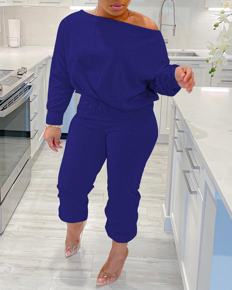 

Plus Size Skew Neck Top & Drawstring Pants Set, Blue