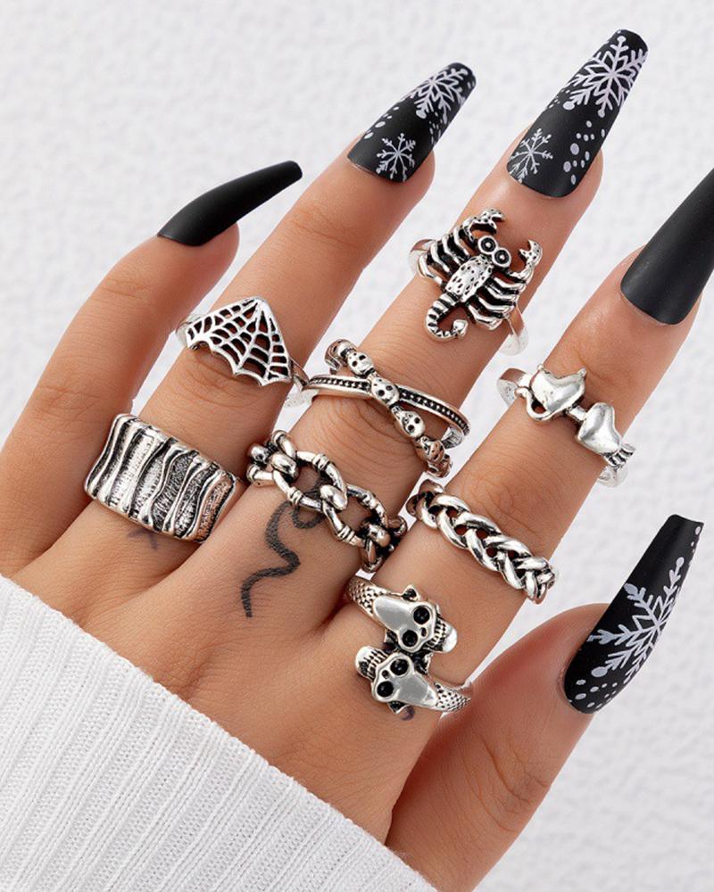 

8pcs Halloween Skeleton Skull Heart Spider Web Rings Set, Silver