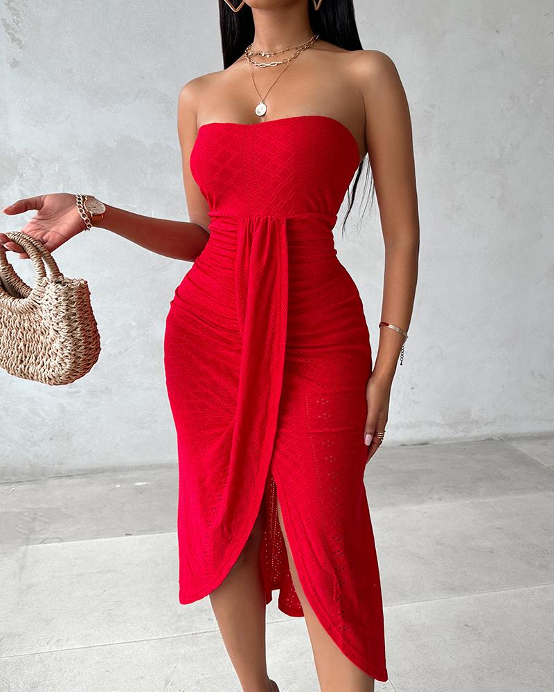 

Eyelet Embroidery Bandeau Ruched Slit Casual Dress, Red