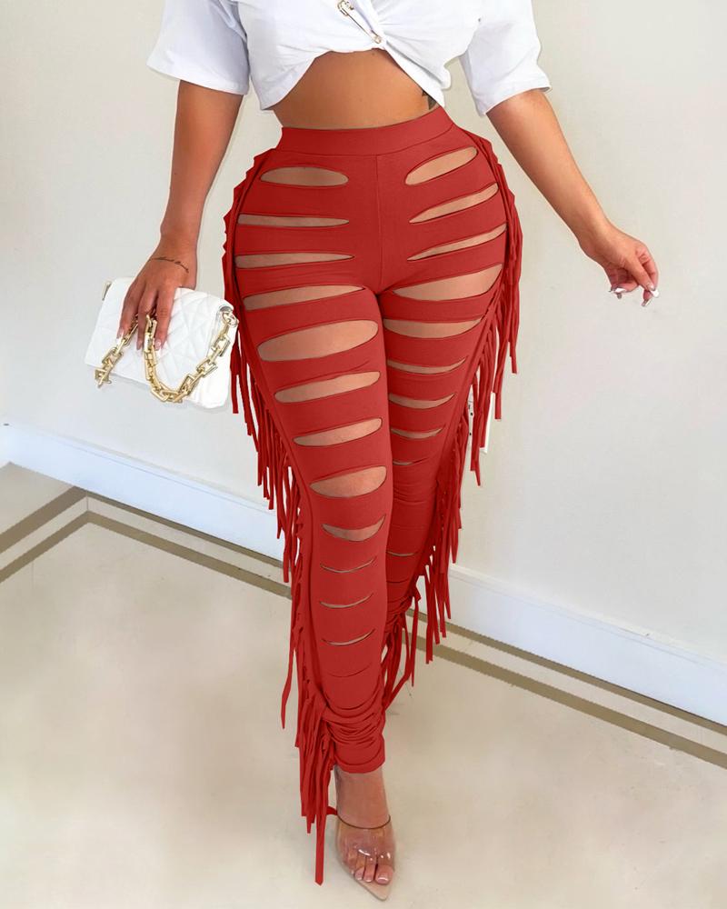 

Tassel Trim Ladder Cutout High Waist Skinny Pants, Red