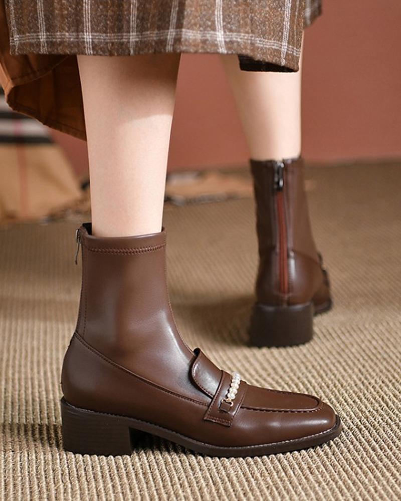 

Womens Patchwork Leather Square Toe Chunky Heels Faux Pearl Decor Ankle Booties, Brown