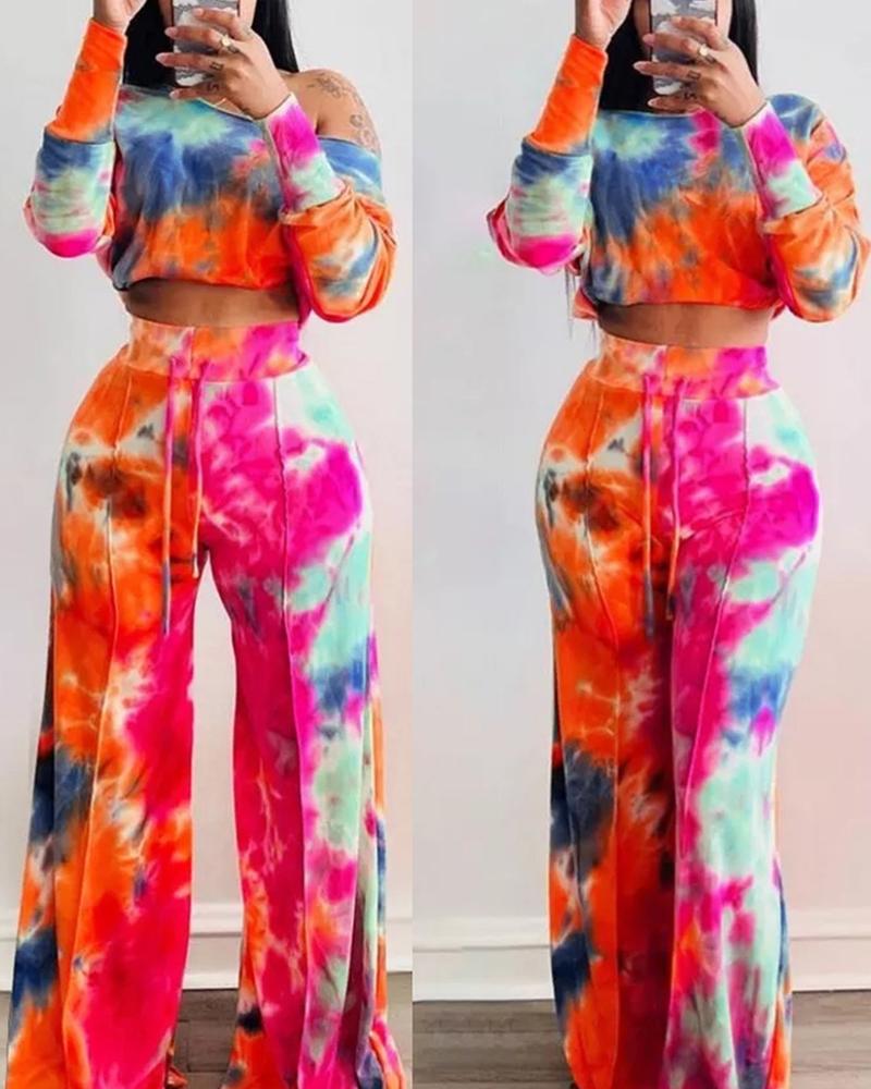 

Tie Dye Print Top & Drawstring Flared Pants Set, Multicolor
