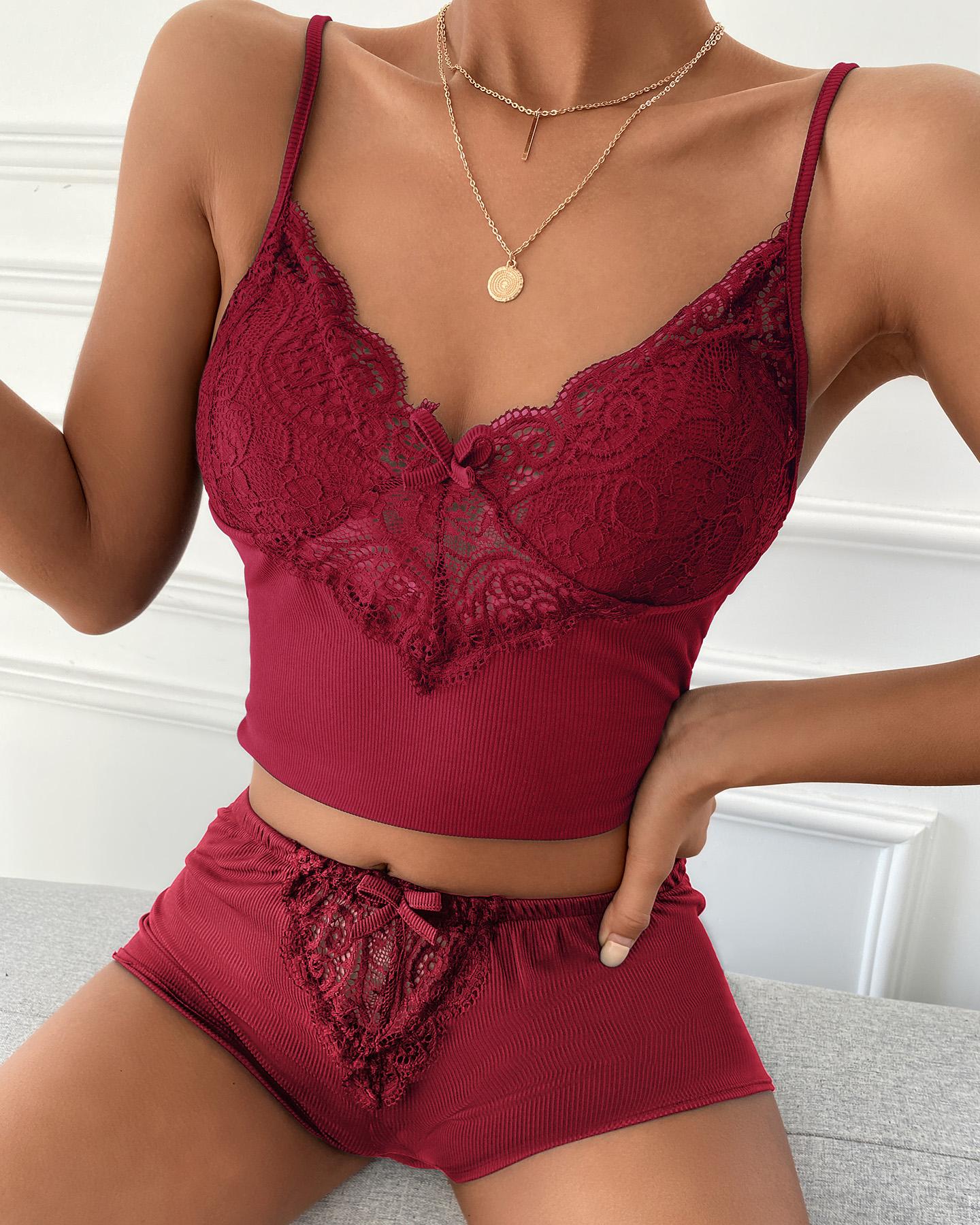 

Eyelash Lace Bowknot Decor Cami Set, Red