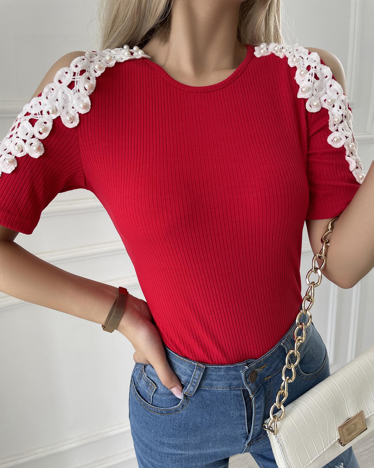 

Cold Shoulder Beaded & Lace Embellished Top, Red