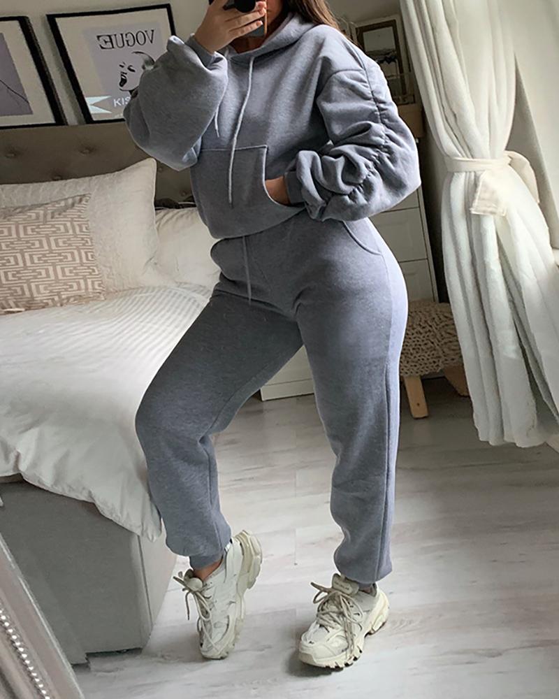 

Sporty Plain Pocket Design Hooded Top & Pants Set, Gray