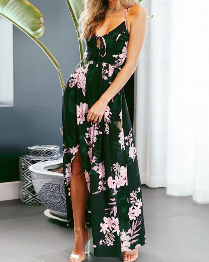 

Lace-up Floral Print Backless Halter Sleeveless Slit Maxi Dress, Black