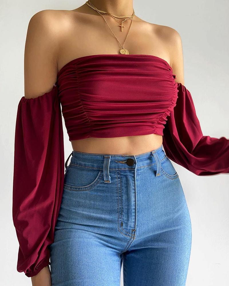 

Off Shoulder Ruched Crop Tube Top, Wine red