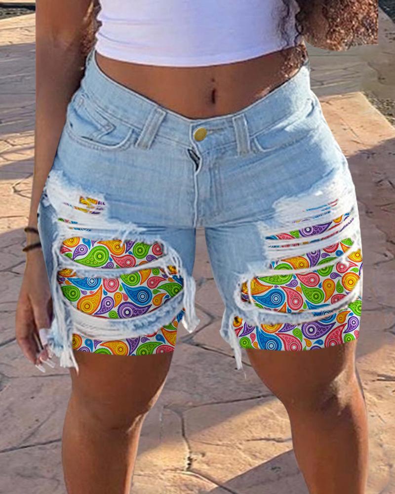 

Plus Size Paisley Print Ripped Raw Hem Denim Shorts, Blue