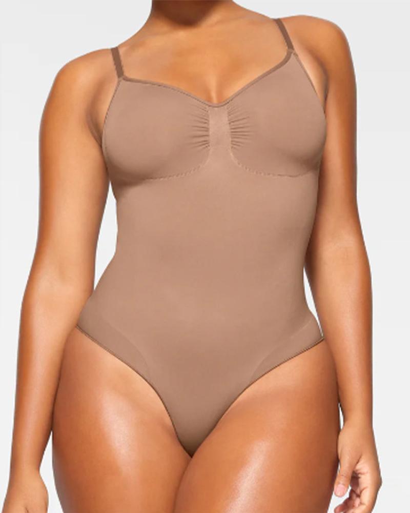 

Ruched V-Neck Seamless Shapewear Bodysuit, Khaki