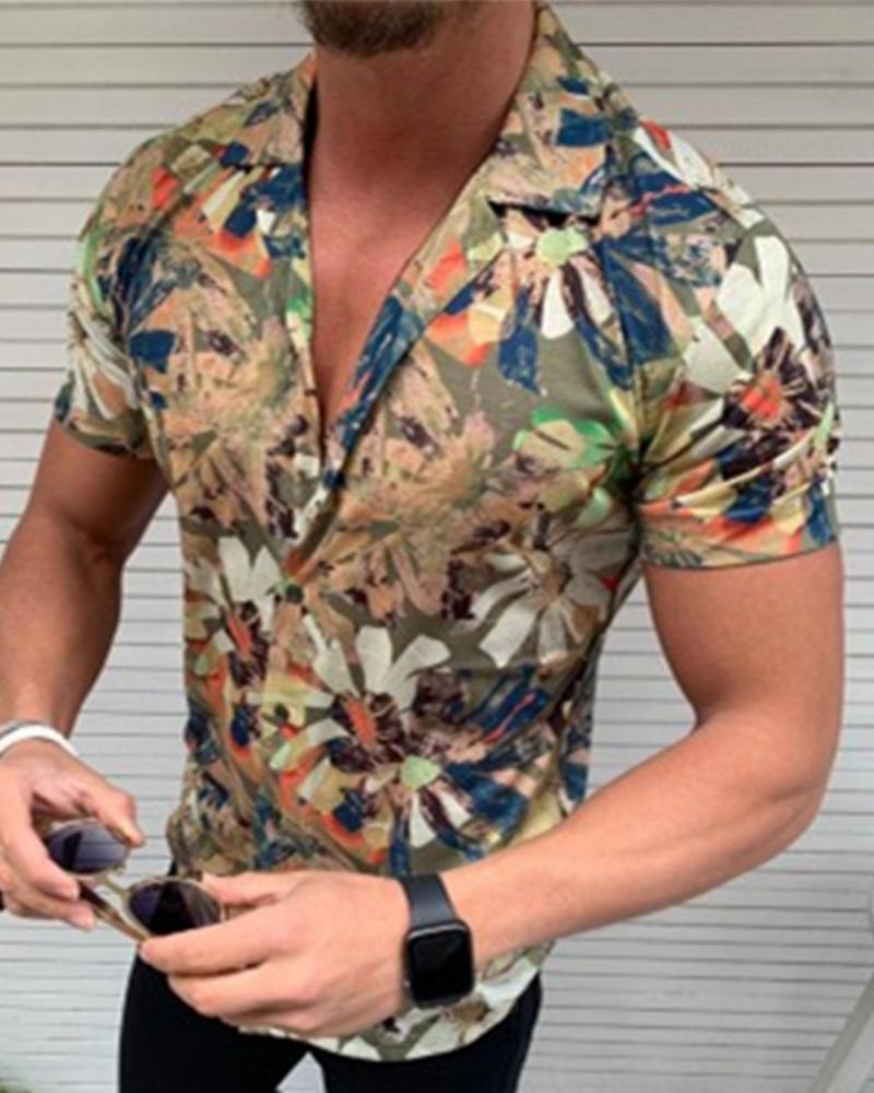 

3D Floral Print Short Sleeve T-shirt, Khaki