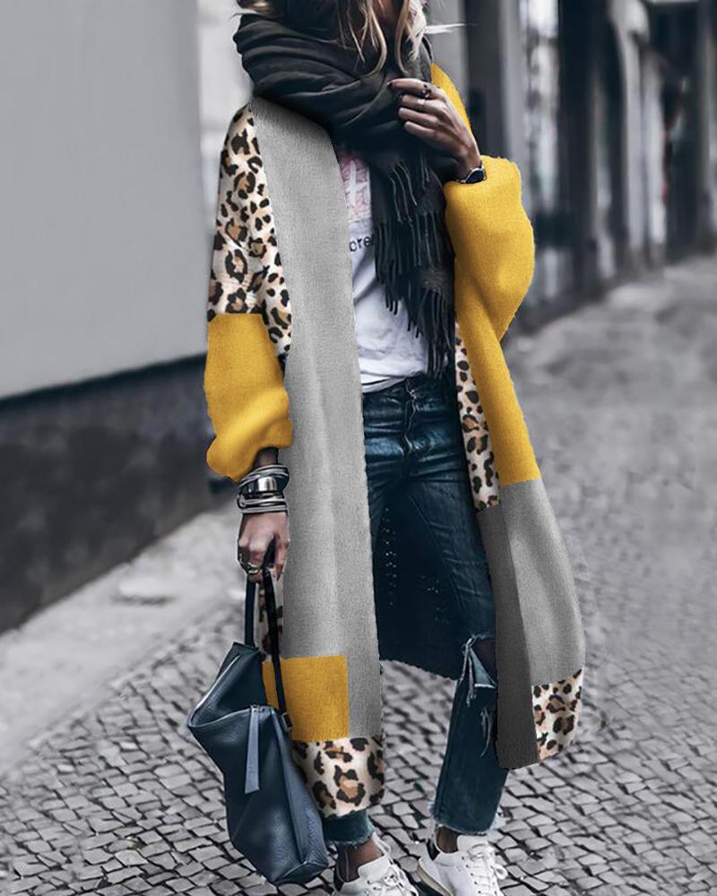 

Cheetah Print Colorblock Longline Cardigan, Yellow