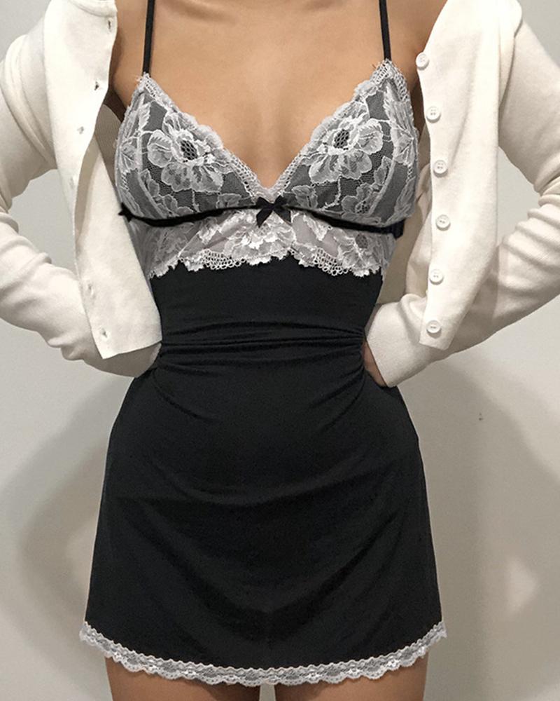 

Lace Patchwork Strap Mini Skinny Dress, Black
