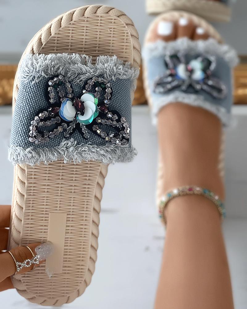 

Rhinestone Butterfly Pattern Slippers, Blue