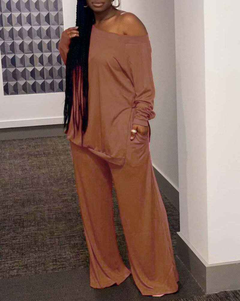 

Plus Size Split Hem Top & Wide Leg Pants Set, Orange
