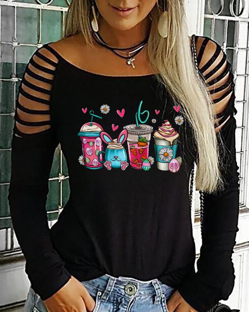 

Happy Easter Bunny Print Cold Shoulder Top, Black