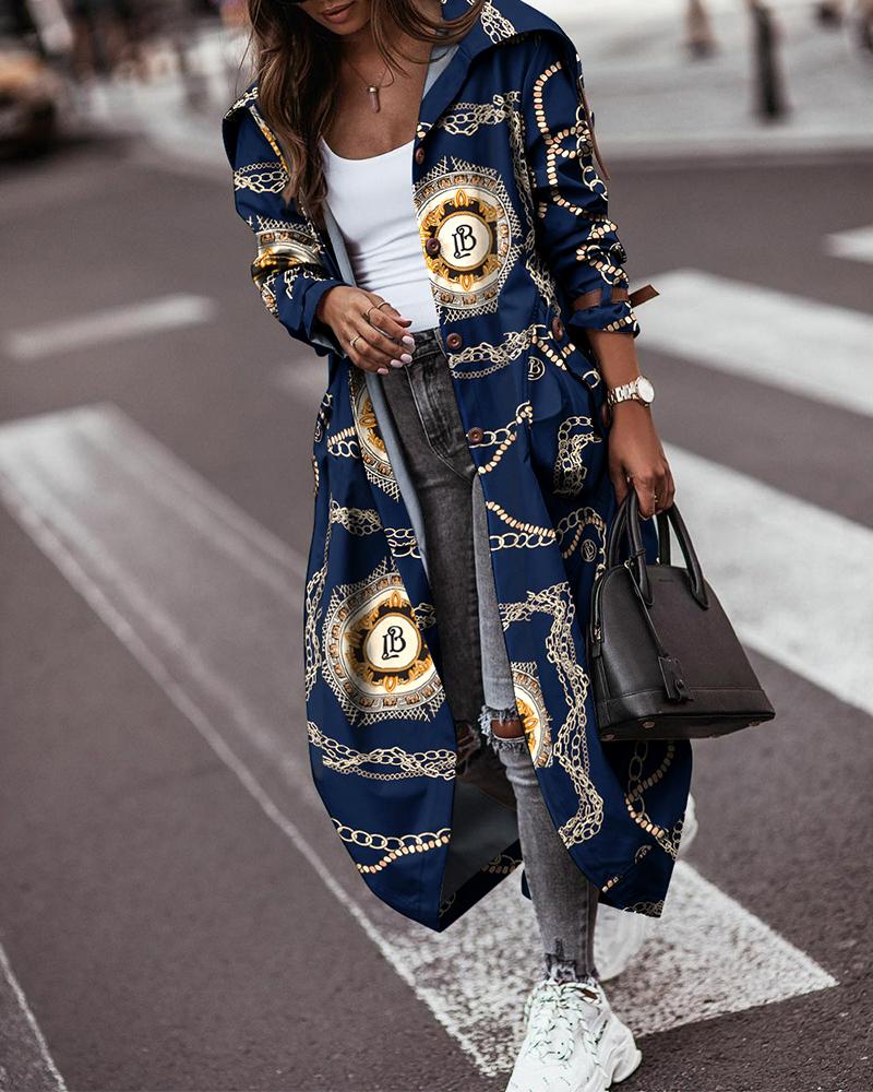 

Baroque Chain Print Longline Trench Coat, Blue