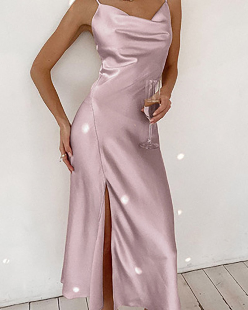 

Cowl Neck Spaghetti Strap High Slit Satin Dress, Pink