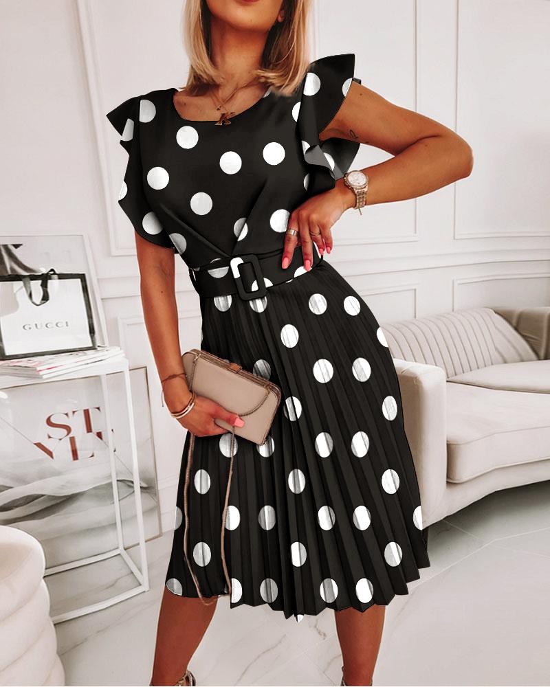 

Polka Dot Print Flutter Sleeve Pleated Work Dress With Belt, Black