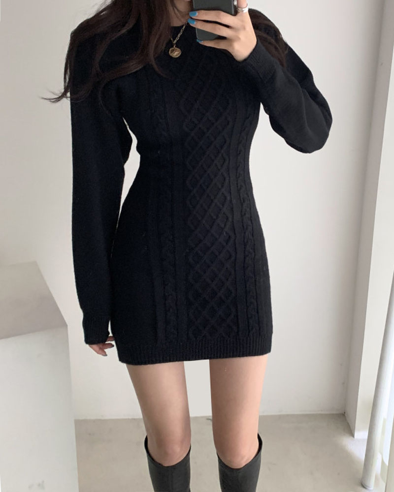 

Cutout Back Cable Knit Sweater Dress, Black