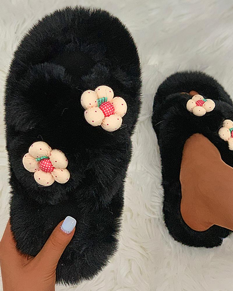 

Floral Pattern Cross Fluffy Slippers, Black