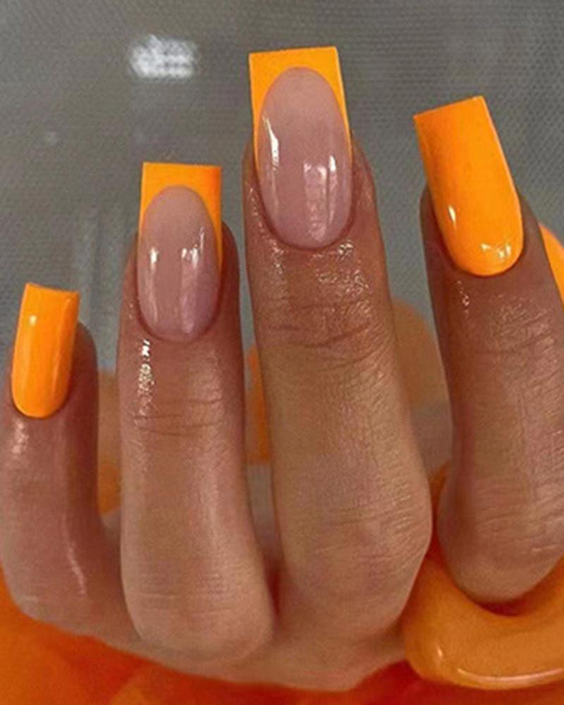 

24pcs Colorblock Glossy Press On Fake Coffin Nails Set, Orange