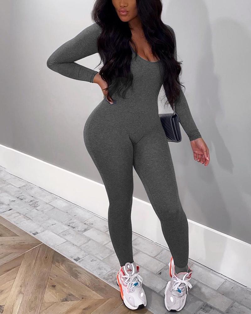 

U-neck Long Sleeve Skinny Jumpsuit, Gray