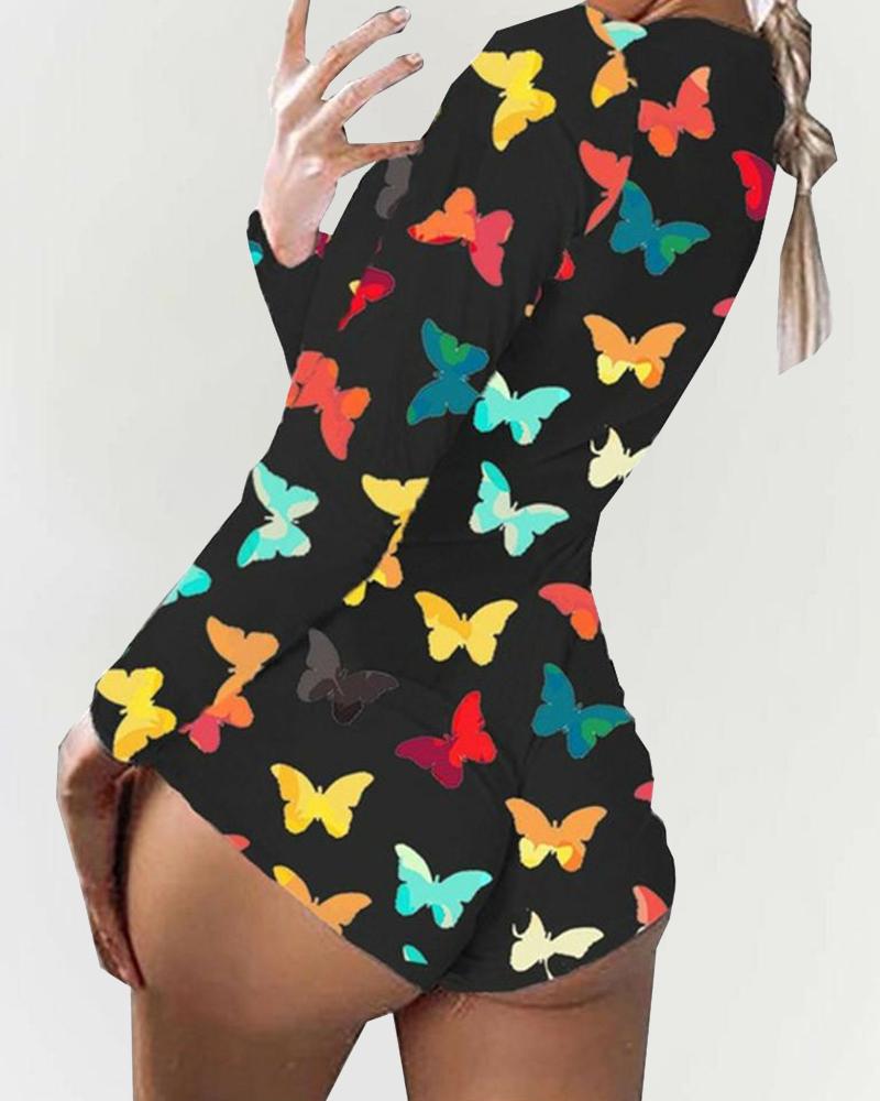 

Multicolor Butterfly Print Long Sleeve Skinny Romper, Black