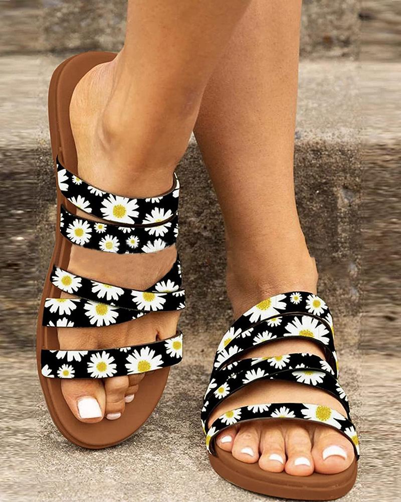 

Daisy Print Round Toe Slippers, Blackwhite