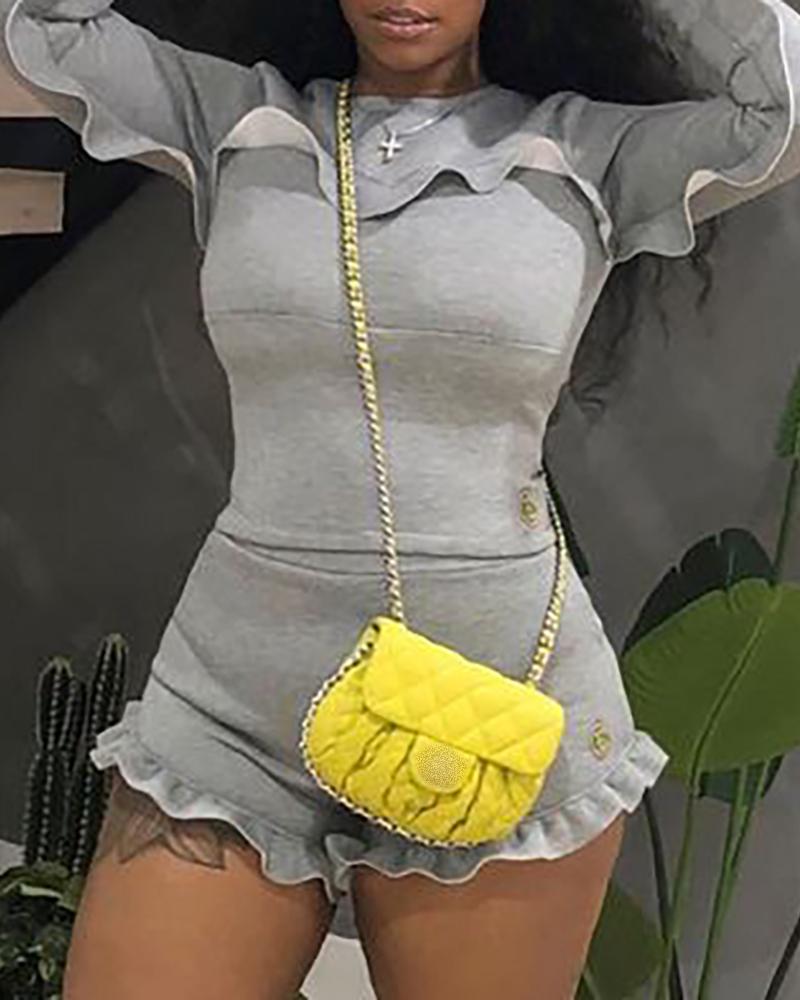 

Ruffles Plain Long Sleeve Top & Short Set, Gray