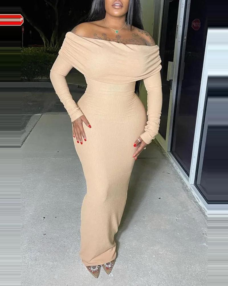 

Off Shoulder Long Sleeve Ruched Maxi Dress, Apricot