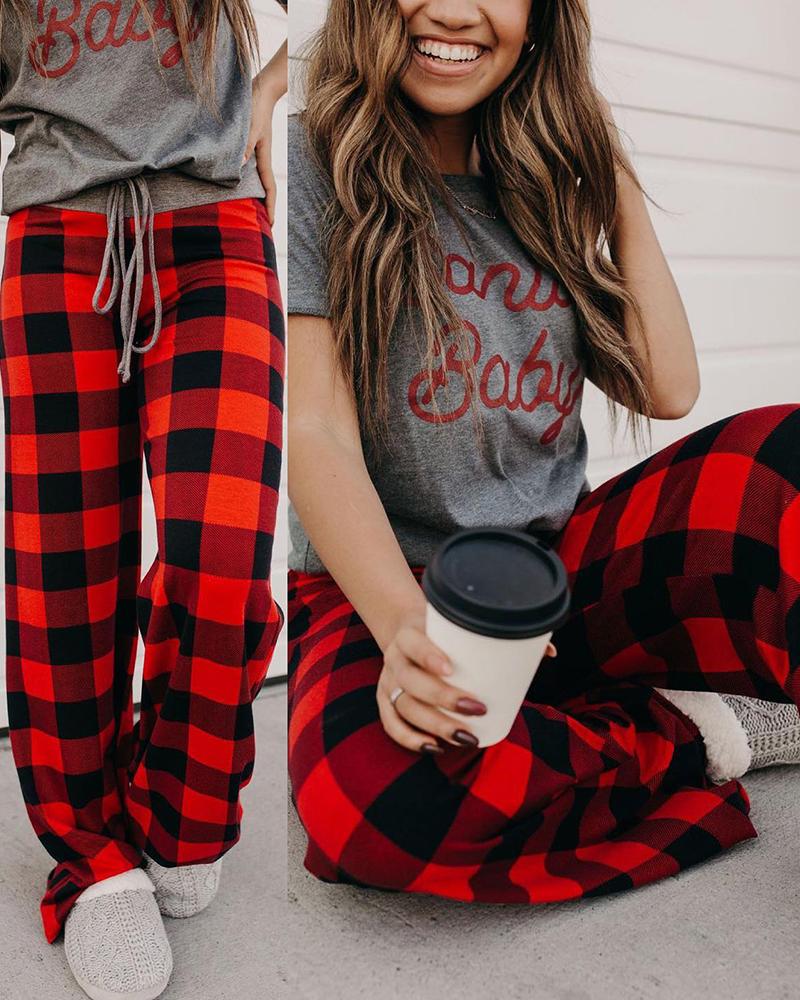 

Letter Plaid Print Drawstring Top & Pants Set, Red
