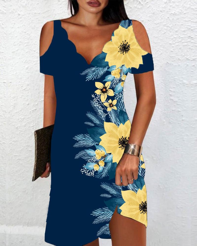 

Plants Print Cold Shoulder Casual Dress, Blue