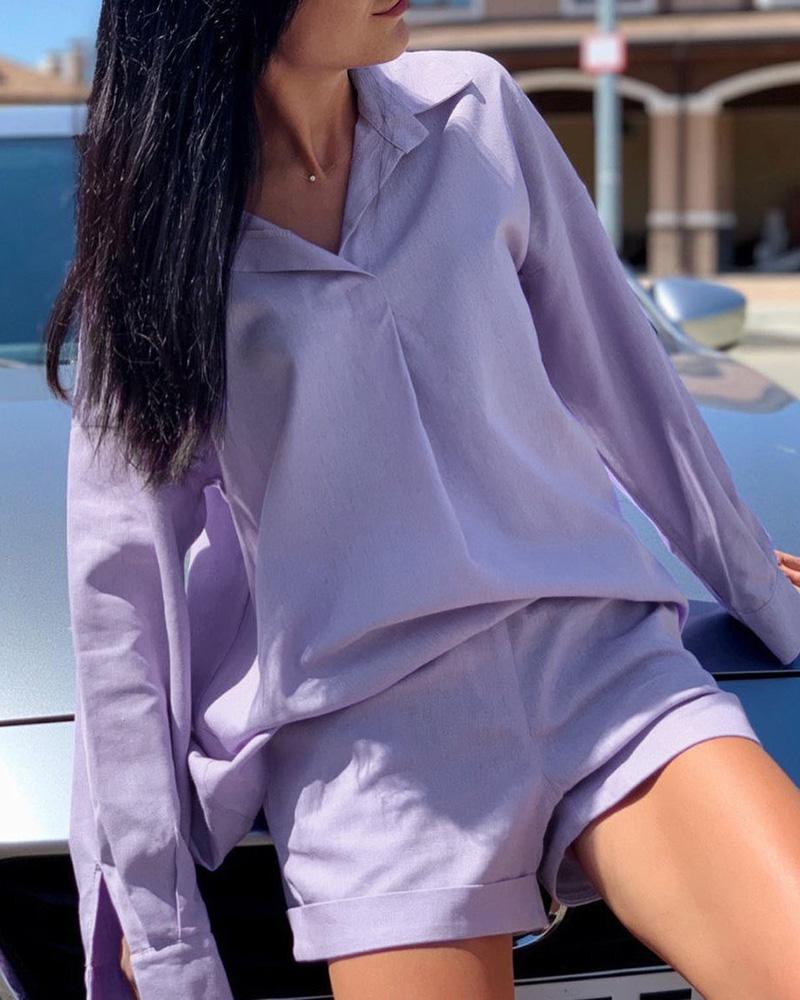 

Long Sleeve Shirt & Pocket Design Shorts Set, Purple