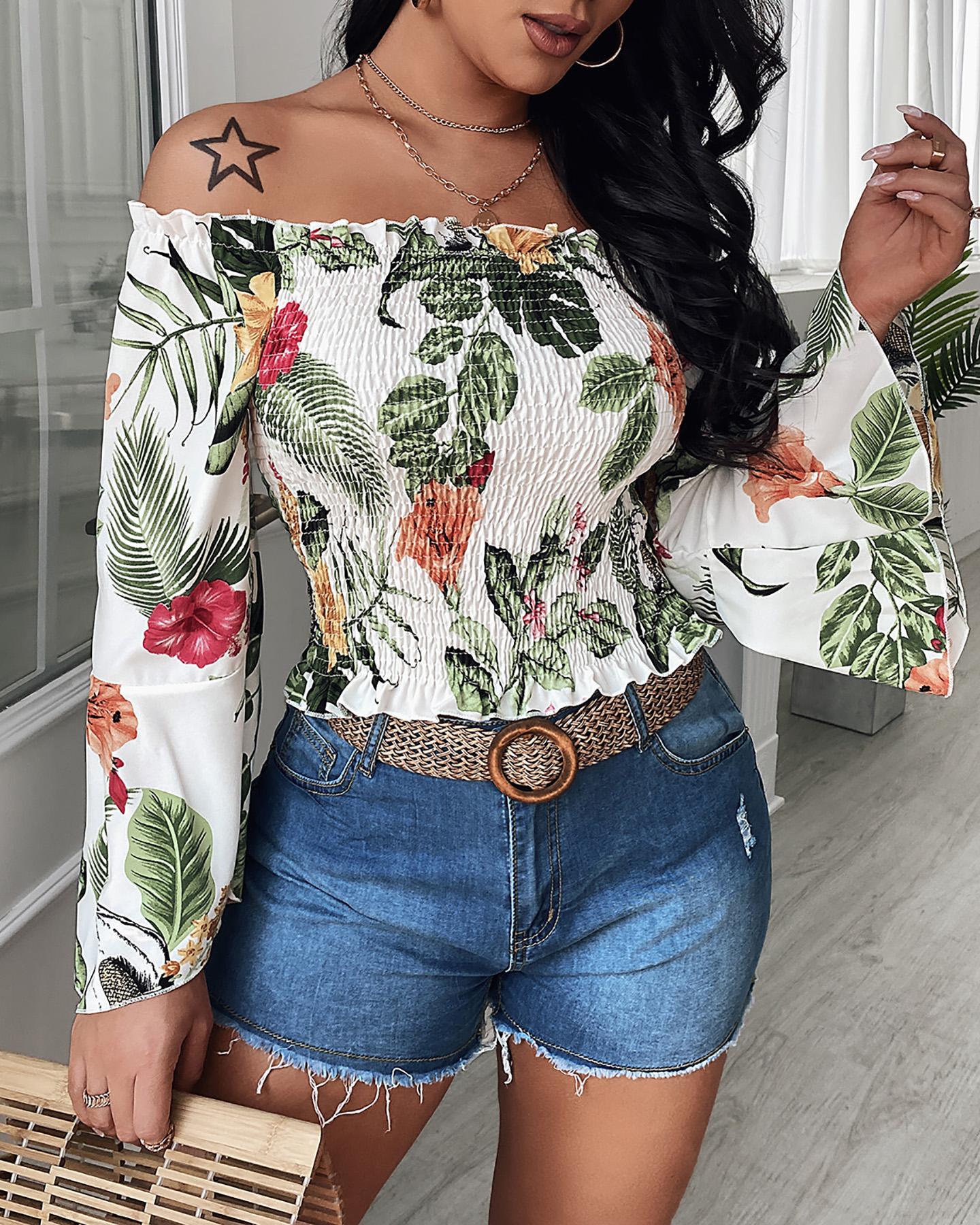 

Floral Leaf Print Shirring Detail Frill Hem Off Shoulder Top, White