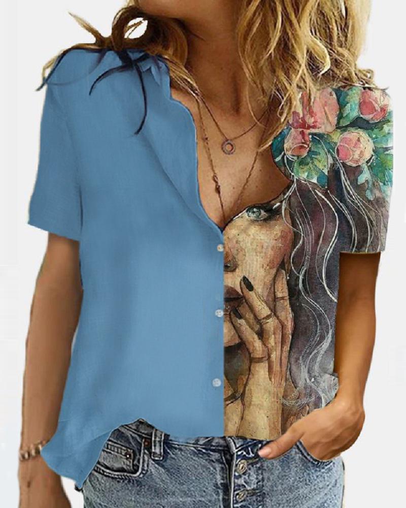 

Figure Floral Print Colorblock Short Sleeve Top, Blue