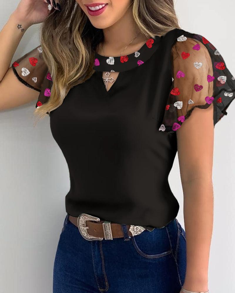 

Heart Embroidery Sheer Mesh Flutter Sleeve Top, Black