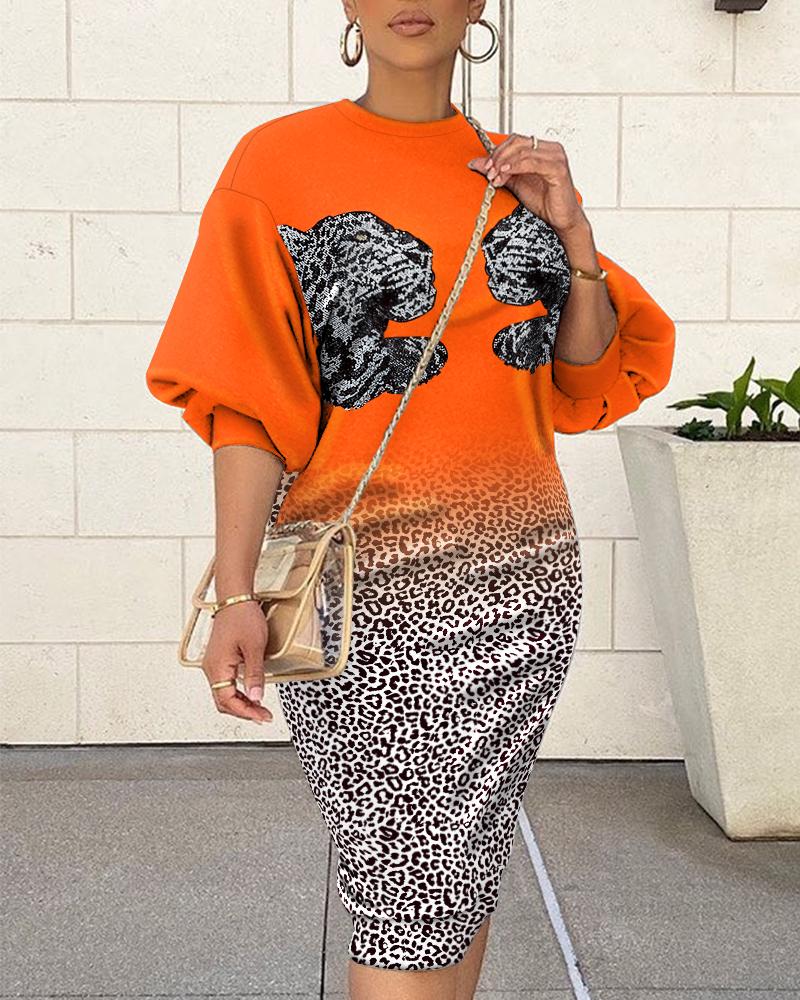 

Animal Pattern Leopard Print Lantern Sleeve Casual Dress, Orange