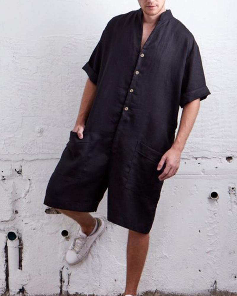 

Solid Short Sleeve Button-down Loose Rompers, Black