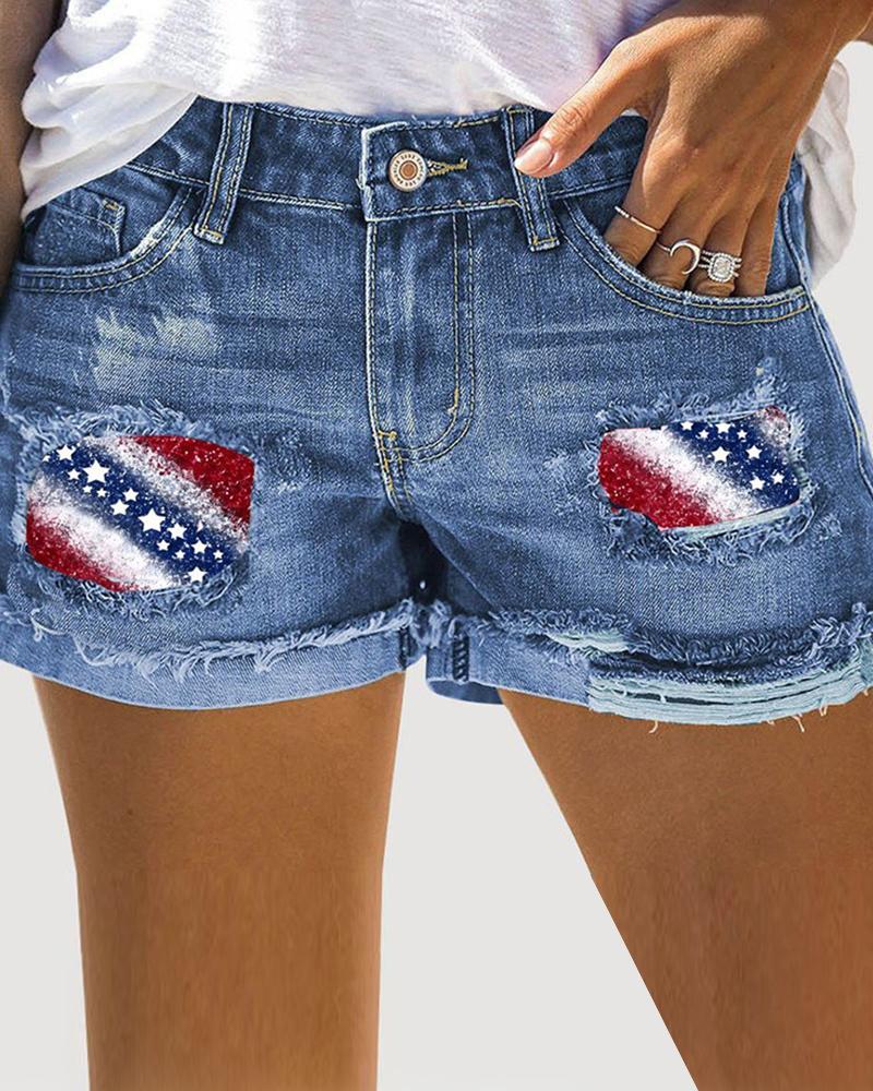 

Independence Day Flag Print Ripped Patchwork Denim Shorts, Blue