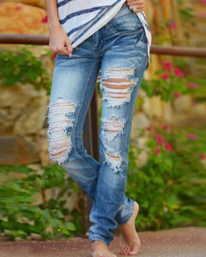 

Zipper Fly Cutout Ripped Jeans, Blue