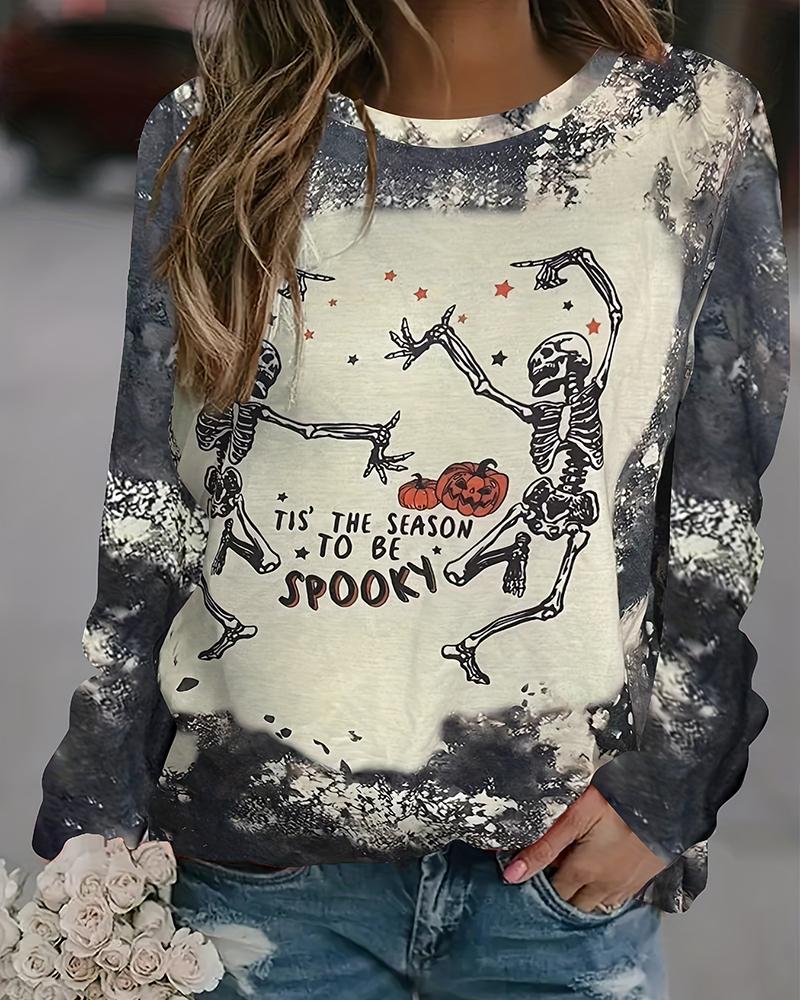 

Halloween Slogan Dancing Skeleton Tie Dye Print Crew Neck Sweatshirt, Dark grey