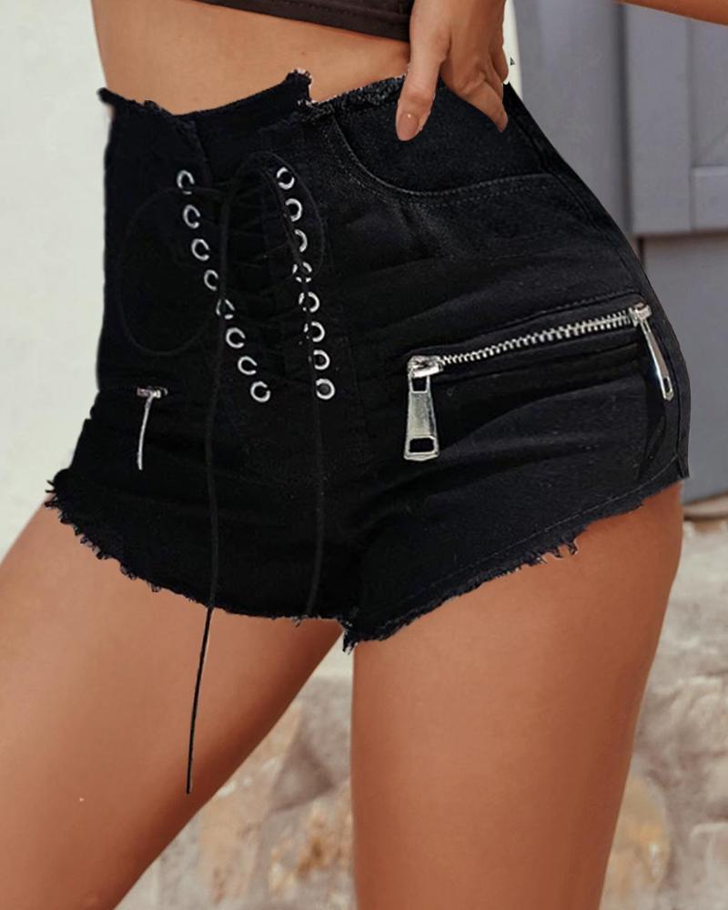 

Eyelet Lace-up Zipper Design Denim Shorts, Black